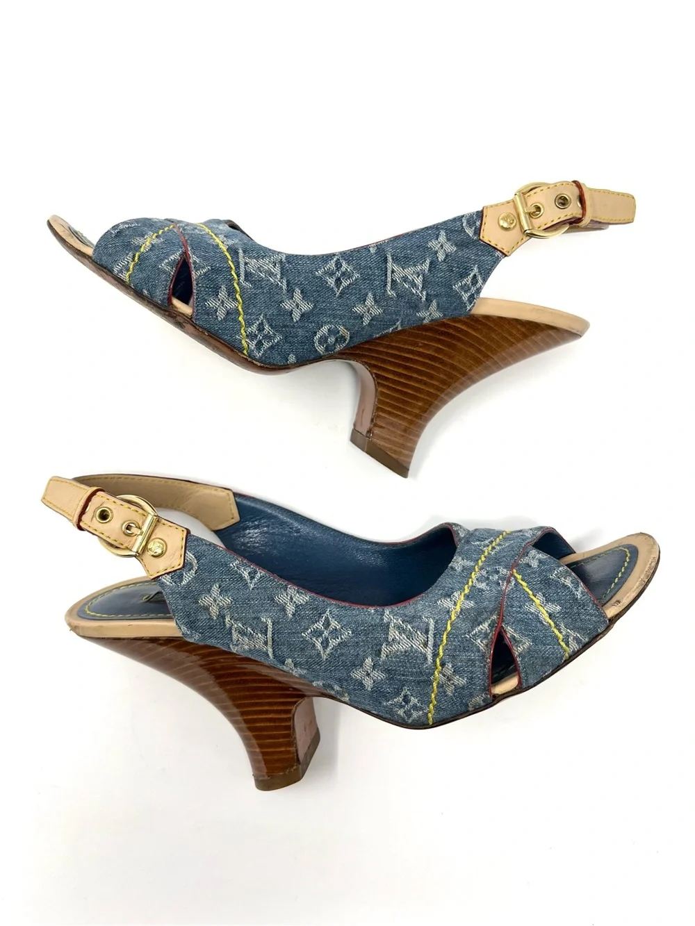 Vintage Vtg Louis Vuitton Blue Denim Logo Monogram Slingback Sandals Heels 37 7
